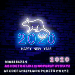 2020 Neon Rat and two thousand twenty neon sign. Numbers formed from tail on brick wall background. Vector illustration in neon style for Christmas banners, New Year posters, party invitation