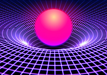 Wall Mural - black hole or gravity grid with glowing ball or sun in 80s synthwave and style