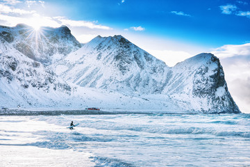 iconic arctic surf beach - unstad, located over polar circle in norway, moskenes on lofoten islands.
