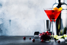 Cosmopolitan Cocktail With Vodka, Liqueur, Cranberry Juice, Lime, Ice And Orange Zest, Gray Bar Counter Background, Bartender Tools, Copy Space