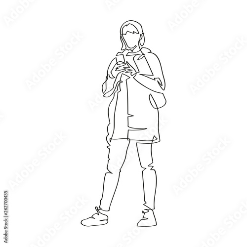 Dziewczyna Ze Smartfonem Rysunek Jedna Linia Wektor Buy This