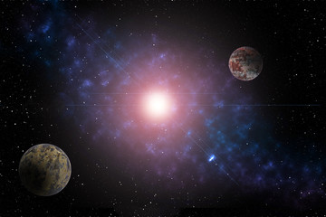 Wall Mural - Fantasy with planet against starry sky on deep background. Cosmic celestial sky. Abstract space backdrop. Outer space. Night scene. Sound of cosmic radiation of the universe