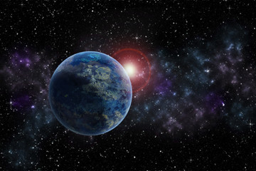 Wall Mural - Fantasy with planet against starry sky on deep background. Cosmic celestial sky. Abstract space backdrop. Outer space. Night scene. Sound of cosmic radiation of the universe