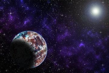 Wall Mural - Fantasy with planet against starry sky on deep background. Cosmic celestial sky. Abstract space backdrop. Outer space. Night scene. Sound of cosmic radiation of the universe