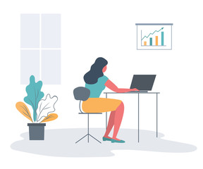 Wall Mural - Office worker in the workplace. Back view. Young woman is sitting at the desk on a window background. There is a laptop, a diagram and a flower in the picture. Funky flat style. Vector