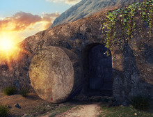 He Is Risen. Crucifixion At Sunrise. The Tomb Of Jesus. Outside View On Tomb. 3D Illustration