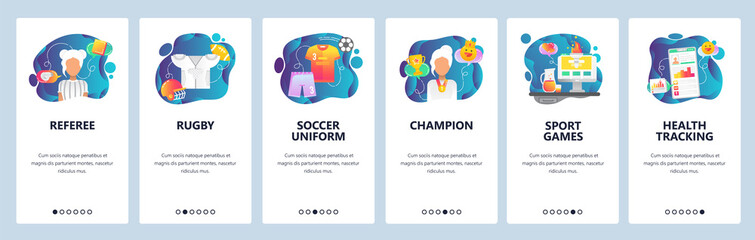 Mobile app onboarding screens. Sport referee, rugby and soccer uniform, sportsman health profile . Menu vector banner template for website and mobile development. Web site design flat illustration