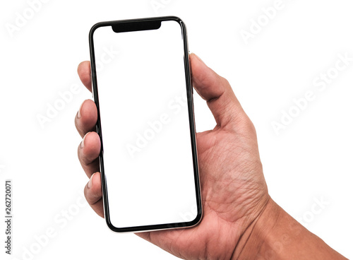 Download Hand Holding New Version Of Black Slim Smartphone Similar To Iphone X With Blank White Screen
