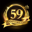 59th golden anniversary logo with ring and ribbon, laurel wreath vector design.