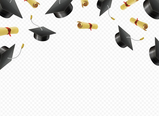 Graduate caps and diplomas flying on a transparent background. Academic hats thrown up