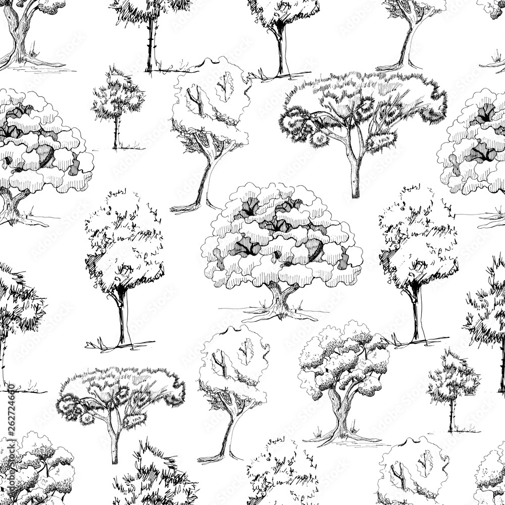 Seamless pattern with monochrome hand drawn trees in sketch style ...