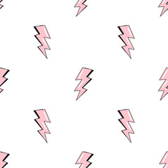 Pink Lightning bolts seamless pattern in cartoon, comic style. Thunder lights wallpaper. Bright pink and white background.