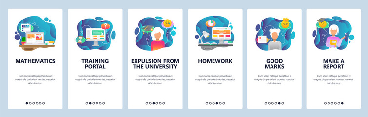 Mobile app onboarding screens. School and college education icons, math, homework, student expulsion. Menu vector banner template for website and mobile development. Web site design flat illustration