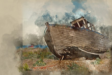 Watercolor Painting Of Abandoned Fishing Boat On Beach Landscape At Sunset