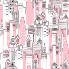 modern new york city scape in pink colour. girlish superhero themed seamless pattern. vector doodle 