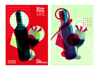 Idea for wine event. Illustration of bottle and wine glass with dotted pattern, retro 80s style, bright colors, pop art. For brochures, posters, invitations or banners.