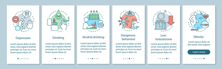 Wall Mural - men's health risks factors onboarding mobile app page screen vector template