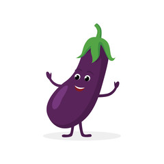 Wall Mural - Eggplant cartoon character isolated on white background. Healthy food funny mascot vector illustration in flat design.