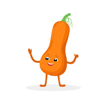 Butternut Squash Cartoon Character Isolated On White Background. Healthy Food Funny Mascot Vector Illustration In Flat Design.