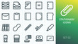 © Altop Media - Stationery icons set. Set of Office Supplies - file folder, document binder, pen marker, presentation magnetic board, dater and numering stamp, rubber band, finger wet sponge for casher vectors icons.