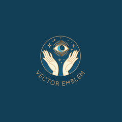 Wall Mural - vector abstract logo design template in trendy linear minimal style - hands with moon, sun and stars