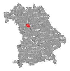 Fuerth county red highlighted in map of Bavaria Germany