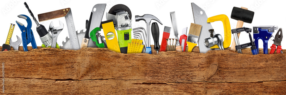 Hand Tools Colage DIY handtools collage concept behind wooden wide panorama plank with ...