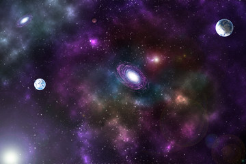 Wall Mural - Fantasy with planet against starry sky on deep background. Cosmic celestial sky. Abstract space backdrop. Outer space. Night scene. Sound of cosmic radiation of the universe