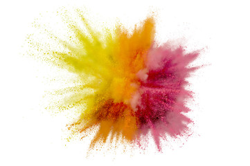 Wall Mural - Colored powder explosion on white background.. Abstract closeup dust on backdrop. Colorful explode. Paint holi