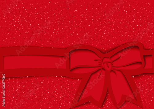 Red Festive Glittering Background with Bow and Ribbon in Cutout Style - Color...
