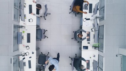 Wall Mural - Aerial Top Down Drone Shot of Big Busy Corporate Office with Two Rows off Businessmen and Businesswomen Working on Desktop Computers. Bright Open Space Office with Businesspeople and Salespeople