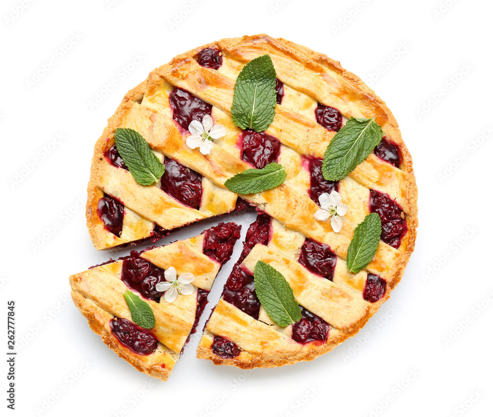 Tasty cherry pie on white background