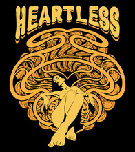 Heartless. Vector Hand Drawn Illustration Of Pretty Woman With Abstract Ornament And Handwritten Lettering .