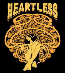 Wall Mural - Heartless. Vector hand drawn illustration of pretty woman with abstract ornament and handwritten lettering .