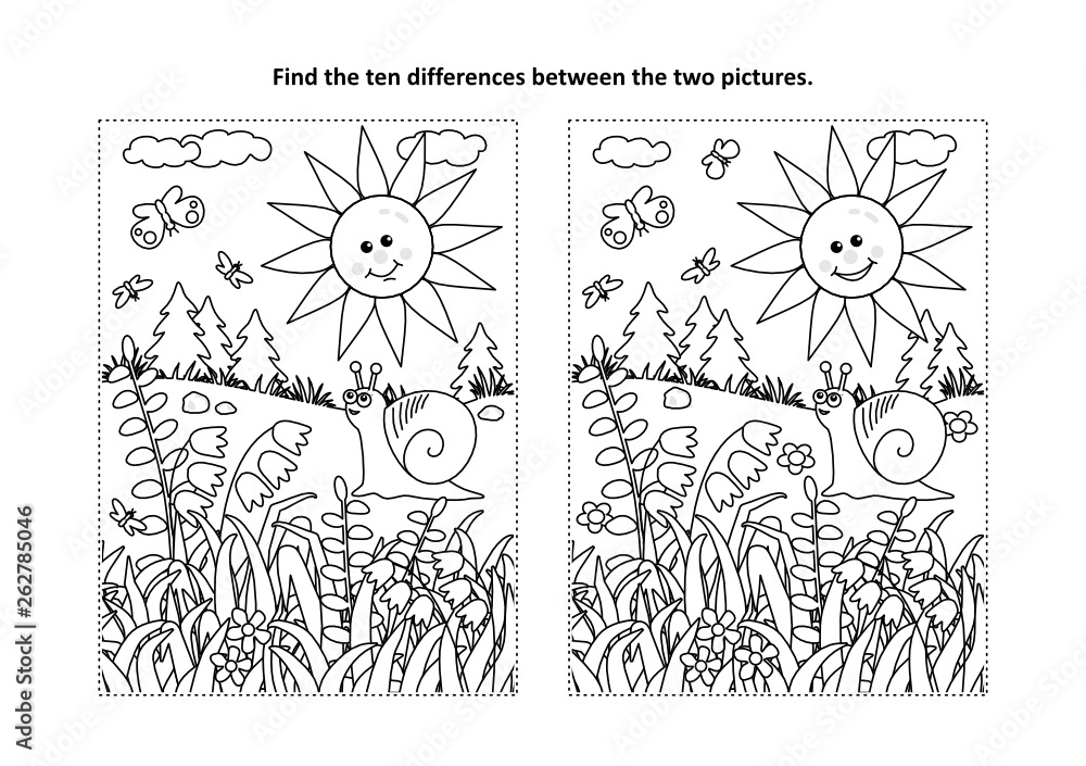 Find the ten differences picture puzzle and coloring page with sun ...