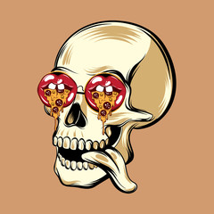 Wall Mural - Vector hand drawn illustration of human skull n sunglasses with mouths with slice of pizza .