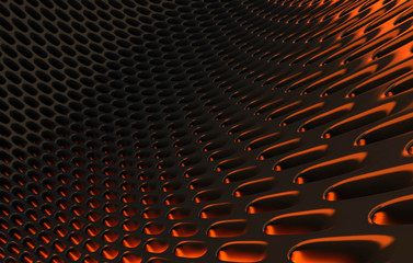 Metal mesh grild. Abstract 3d rendering background in high resolution. 3d render of  black carbon grid with orange light.