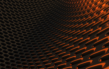 Metal mesh grild. Abstract 3d rendering background in high resolution. 3d render of  black carbon grid with orange light.