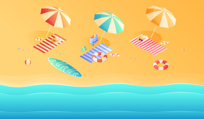 Wall Mural - Summer. Vacation and travel concept. Umbrella, beach chair and a ball on the beach. Flat style vector illustration