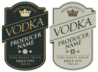 Wall Mural - set of two vector labels for vodka in the figured frame with crown and inscriptions on black and gre