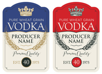 Wall Mural - Set of two vector labels for vodka in the figured frame with crown, ears of wheat and inscriptions in retro style. Premium quality, pure wheat grain