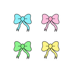 Wall Mural - Set of four colorful ribbon bows, vector outlined illustration icons.  