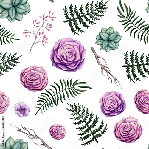 Seamless Pattern of Watercolor Rose and Fern