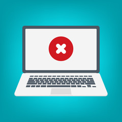 Laptop and x mark. Notebook. Error window, exit button, no, cancel, decline, 404 error page not found concepts. Vector illustration