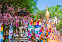 Prayer Flags Tung Hang With Umbrella Or Northern Traditional Flag Hang On Sand Pagoda In The Phan Tao Temple For Songkran Festival Is Celebrated In A Traditional New Year's Day In Chiang Mai,Thailand