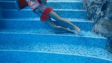 Underwater Shot Of A Little Girl On The Stairs In A Pool