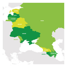 East Europe Region. Map Of Countries In Eastern Europe. Post Soviet And Caucasian Countries. Vector Illustration