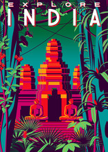 Travel Poster About India With Jungle And An Ancient Temple In The Background.