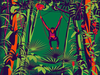 Monkey sitting on a liana in the rainforest. Handmade drawing vector illustration. Pop art minimalist style.