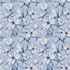  Seamless pattern of magnolia flower on a blue paper background. Hand drawn ink illustration. For wallpaper and fabric. Stylish illustration.